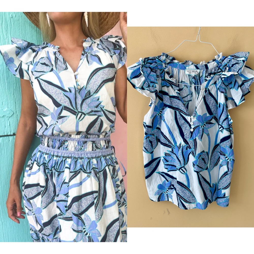Etro Blue Floral Ruffle-Sleeve Blouse